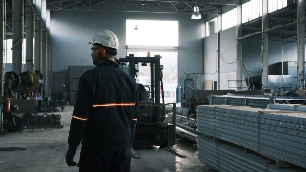 Trabalhador com capacete em ambiente industrial